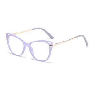 Stylish cat-eye anti-blue light glasses with metal spring temples, lightweight optical frame.