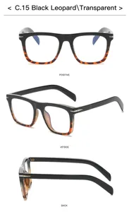 Detailed view of square blue light blocking glasses with black and leopard gradient frame.