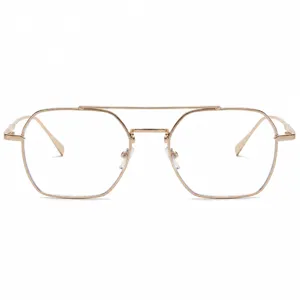 Gouden metalen bril met dubbele neusbrug en polyglonale vorm voor blauwlichtfilter.