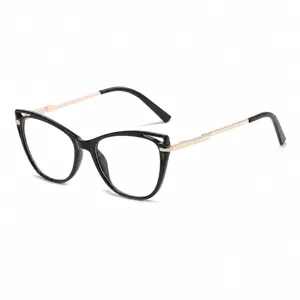 Black and gold cat-eye anti-blue light glasses with spring temples for women optical frame.