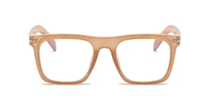 Detailed view of fashionable square anti-blue light eyeglasses with stylish translucent frames.
