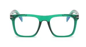 Green translucent square eyeglasses frame detail view, stylish optical wear closeup.