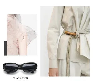 Vue détaillée de lunettes de soleil carrées tendance et de tenues élégantes, style moderne chic.