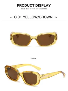 Lunettes de soleil carrées tendance pour femmes et hommes, monture jaune et verres bruns.