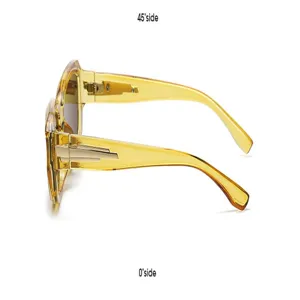Vue de détail de lunettes de soleil carrées translucides avec détail doré chic.