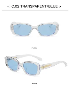 Élégantes lunettes de soleil carrées transparentes à verres bleus et détails dorés élégants.