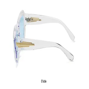 Lunettes de soleil monture transparente verres bleus et détails dorés élégants pour femmes.