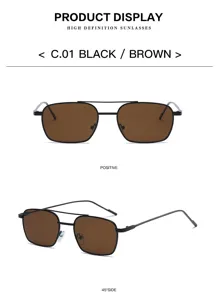 Classic metal double bridge square sunglasses with brown lenses. Detailed view of the stylish frame.