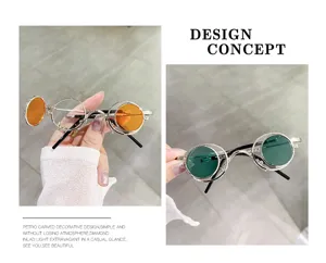 Primer plano detallado de gafas de sol redondas retro steampunk de doble lente.