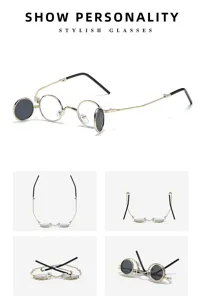 Gafas de sol redondas plegables vintage con lentes dobles abatibles y montura metálica elegante.