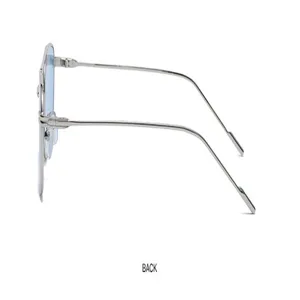 Side view detail of the Korean style metal double bridge narrow frame sunglasses with blue lenses.