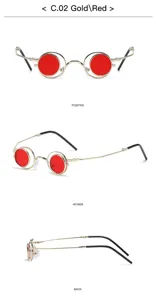 Vista detallada de gafas de sol redondas plegables estilo steampunk oro lentes rojas.