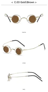 Vista detallada de gafas de sol retro plegables redondas con montura dorada y lentes marrones.