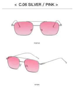 Detailed view of metal double-bridge sunglasses featuring trendy pink gradient lenses.