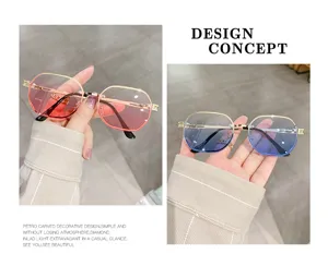 Détail de lunettes de soleil dégradées sans monture, lunettes mode métal pour femmes.