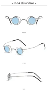 Gafas de sol redondas plegables vintage de metal con lentes azul claro, vista detallada.