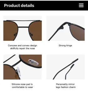 Detail shot of retro double beam sunglasses with strong hinge and comfortable silicone nose pads.