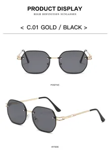 Vue détaillée de lunettes de soleil polygonales sans monture avec verres dégradés et métal.