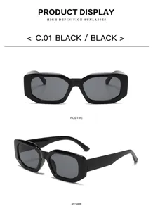 Detail view of stylish black square sunglasses showing front and 45-degree side angles clearly.