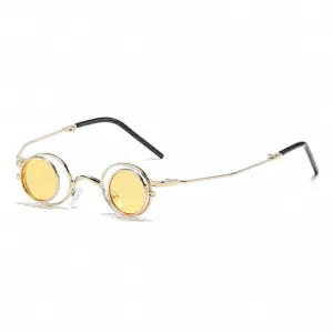 Gafas de sol redondas plegables de estilo vintage con montura metálica y lentes amarillas chic