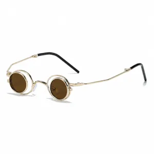 Gafas de sol redondas vintage de metal, diseño plegable elegante y fácil de transportar.