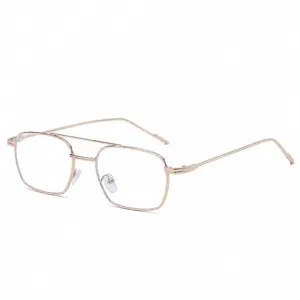 Gold metal double bridge square glasses for women, stylish narrow frame anti-blue light eyewear.