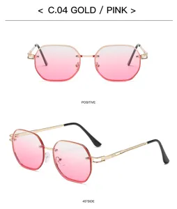 Elegantes lunettes de soleil sans monture rose degrade avec cadre en metal pour femmes.