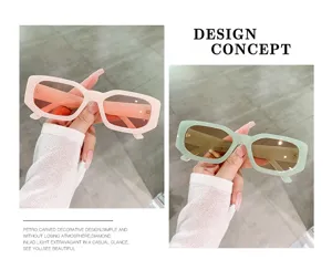 Detailed view of stylish small square sunglasses featuring chic gradient lenses and pastel frames.