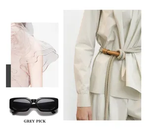 Black narrow rectangle sunglasses with fashion outfit details, chic street style street wear.