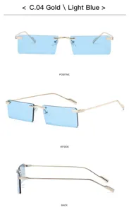 Detail view of vintage rimless rectangular sunglasses with light blue lenses and gold metal frames.