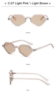 Vue détaillée de lunettes de soleil roses géométriques, monture transparente, affichage.