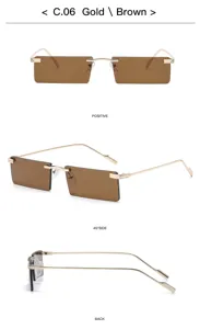 Retro rectangular rimless sunglasses for men and women, gold frame brown lens street style.