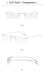 Retro rimless rectangular sunglasses for men and women, vintage metal frame detail view.