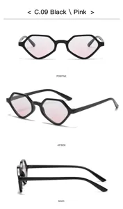 Vue détaillée de lunettes de soleil géométriques noires à verres roses, multi-angles.