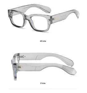 Graue dicke Blaulichtfilter Brille Detailansicht mit Seitenansicht und Produktmerkmalen.