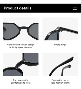 Vues détaillées de lunettes de soleil géométriques noires montrant charnières et pont nasal.