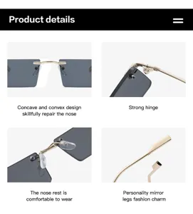 Detailed view of rimless rectangular sunglasses showcasing hinge, nose pads, and sleek temples.