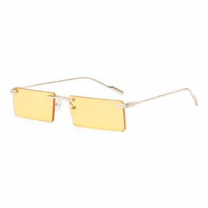 Vintage rimless rectangular sunglasses with yellow lenses and slim metal temples for cool street style.