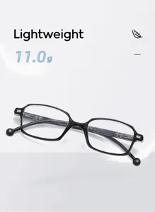 Detailed view of lightweight reading glasses with a sleek black small square frame, 11g.