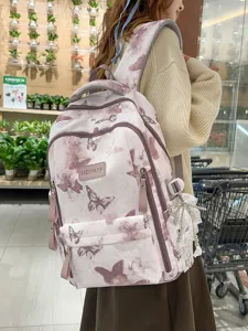 Cartoon Schmetterling Druck Rucksack Und Umhängetasche Und Federmäppchen Große Kapazität Nylon Atmungsaktiv Leichte Schulranzen Für Mädchen