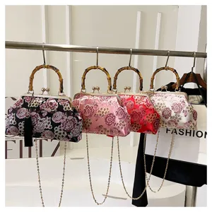 Vintage chinesische Brokat Abendtasche mit Bambusgriff und Kette, elegante Damentasche.