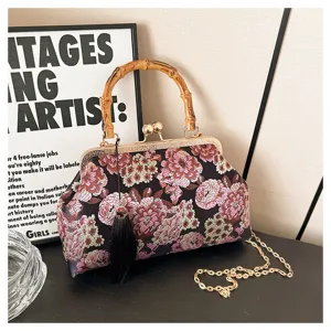 Retro chinesische Blumen bestickte Quasten Abendtasche mit Bambusgriff und eleganter Kette.