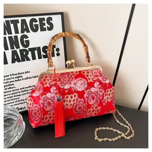 Chinesische rote Blumenstickerei Handtasche mit Bambusgriff und Kette für Damen.