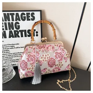 Vintage Blumen bestickte Bügeltasche Abendtasche mit Bambusgriff und eleganter Kette.