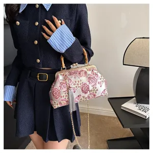 Vintage Blumen bestickte Abendtasche mit Bambusgriff und stylischer Quasten Ketten Umhängetasche.