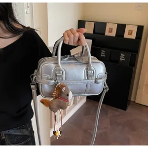 Silver glossy PU leather shoulder bag for women, chic square crossbody detail view.