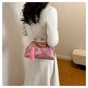 Chinesische Blumenstickerei Abendtasche mit Bambusgriff und modischer Umhängekette.