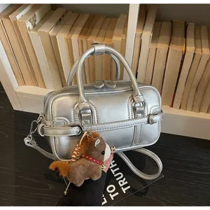 Silver PU leather glossy crossbody bag with cute plush horse charm for women stylish daily