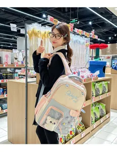 Colorblock dual-shoulder ita backpack with cute transparent front window for students.