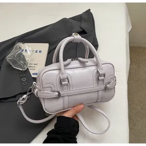 Lavender PU leather small square handbag, stylish shiny shoulder crossbody bag for women.